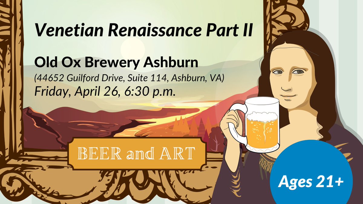 TONIGHT! Art historian John Daum transports you to a time when Venice, Italy, was a world superpower and artists like Bellini, Giorgione and Titian were revolutionizing art🍺🎨