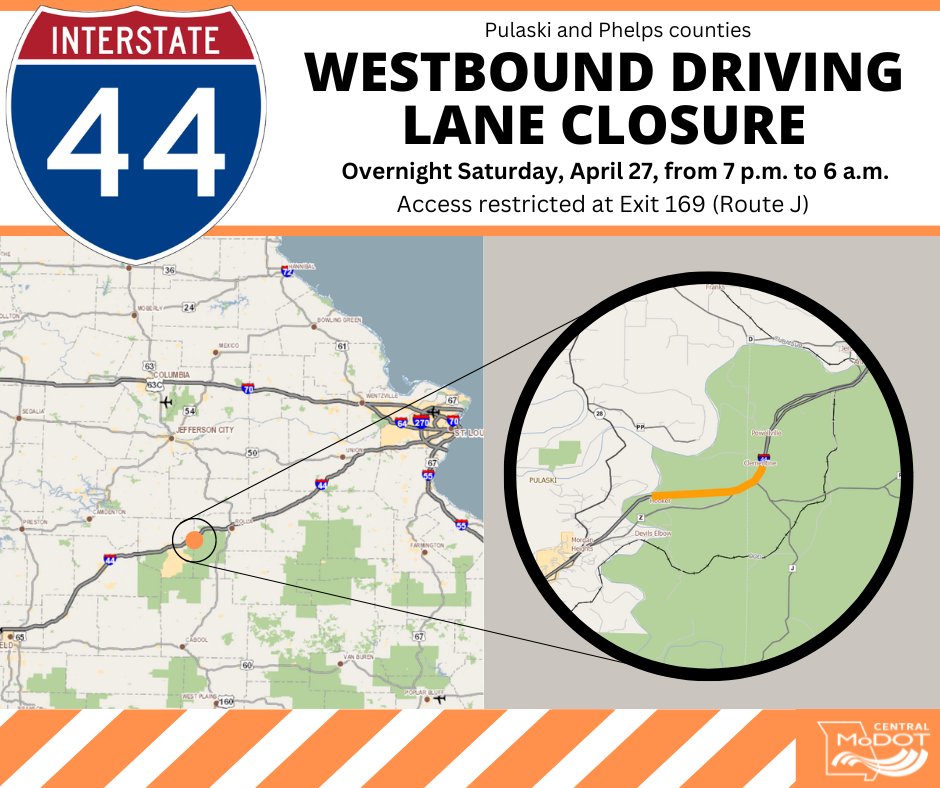 Our first post's graphic had the incorrect date. Saturday is April 27! ⚠️The right-hand (driving) lane westbound I-44 will close overnight Saturday, from 7 p.m. to 6 a.m. Both the on- and off-ramps at Exit 169 will be closed. More info: modot.org/node/46013