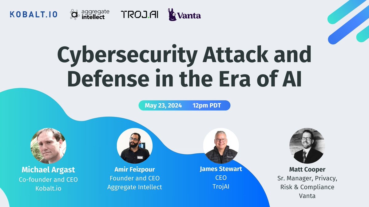 The balance between offense and defense in #AI is a crucial aspect of the current #cybersecurity landscape. Join our panel discussion with guests from @AISC_TO ,@TrojAISec and @TrustVanta ,where we will talk about #LLMs, #AppSec, #governance, and more. kobalt-io.zoom.us/webinar/regist…