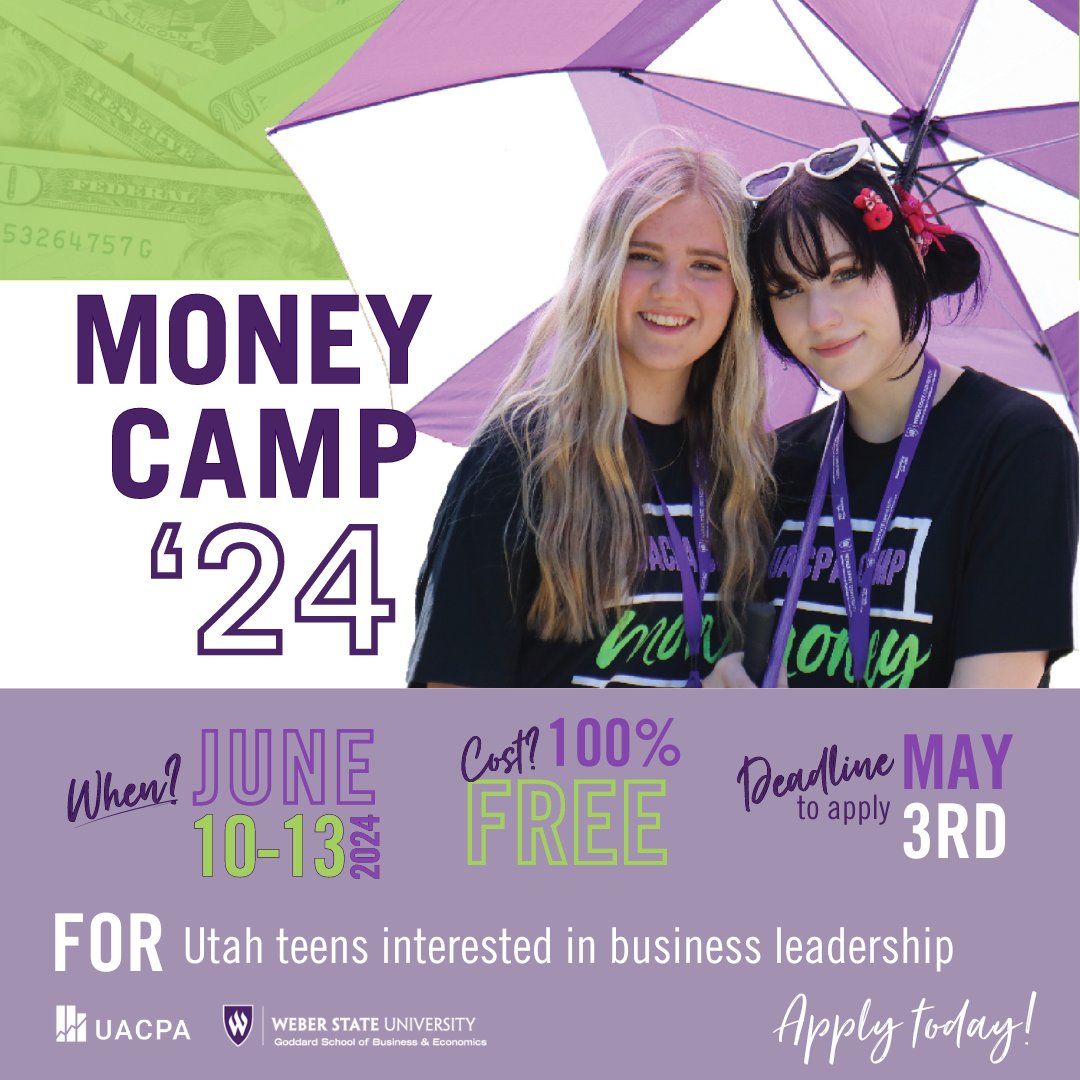MONEY summer camp for TEENS! If you are a teen age 15-18 that's interested in business leadership, this is the camp for you! APPLY TODAY - space is limited! Camp is held June 10-13th, deadline to apply is MAY 3rd: forms.gle/LTvd9vVtYzQNgD…
#weberbiz #utahsummercamp #teensummercamp\