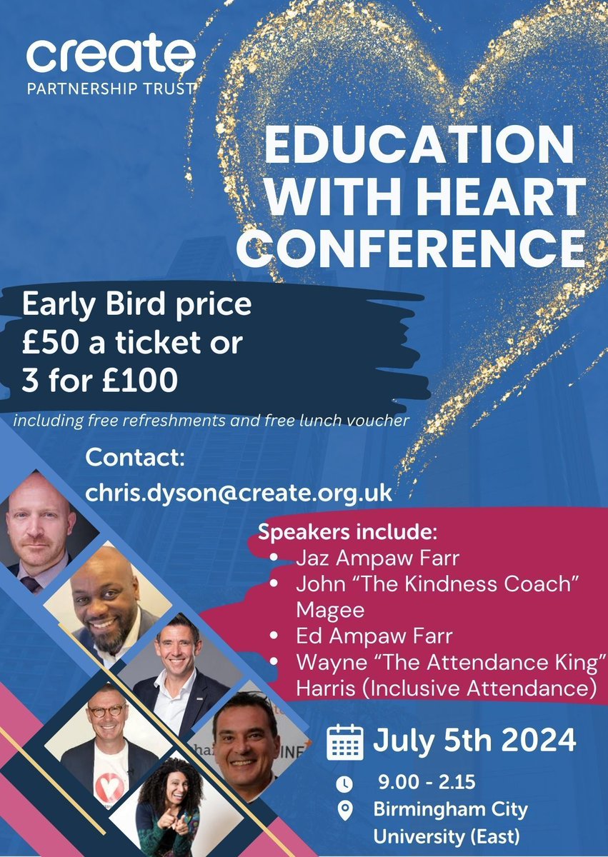 EXCLUSIVE INVITE Fri July 5th (9- 2.15) at the beautiful Birmingham City University, join us for our Education with Heart Conference. Featuring @jazampawfarr @KindnessCoach_ @IncAttendance (Wayne Harris) @chrisDysonHT and #MarkUnwin and #EdAmpawFarr Free lunch and refreshments!