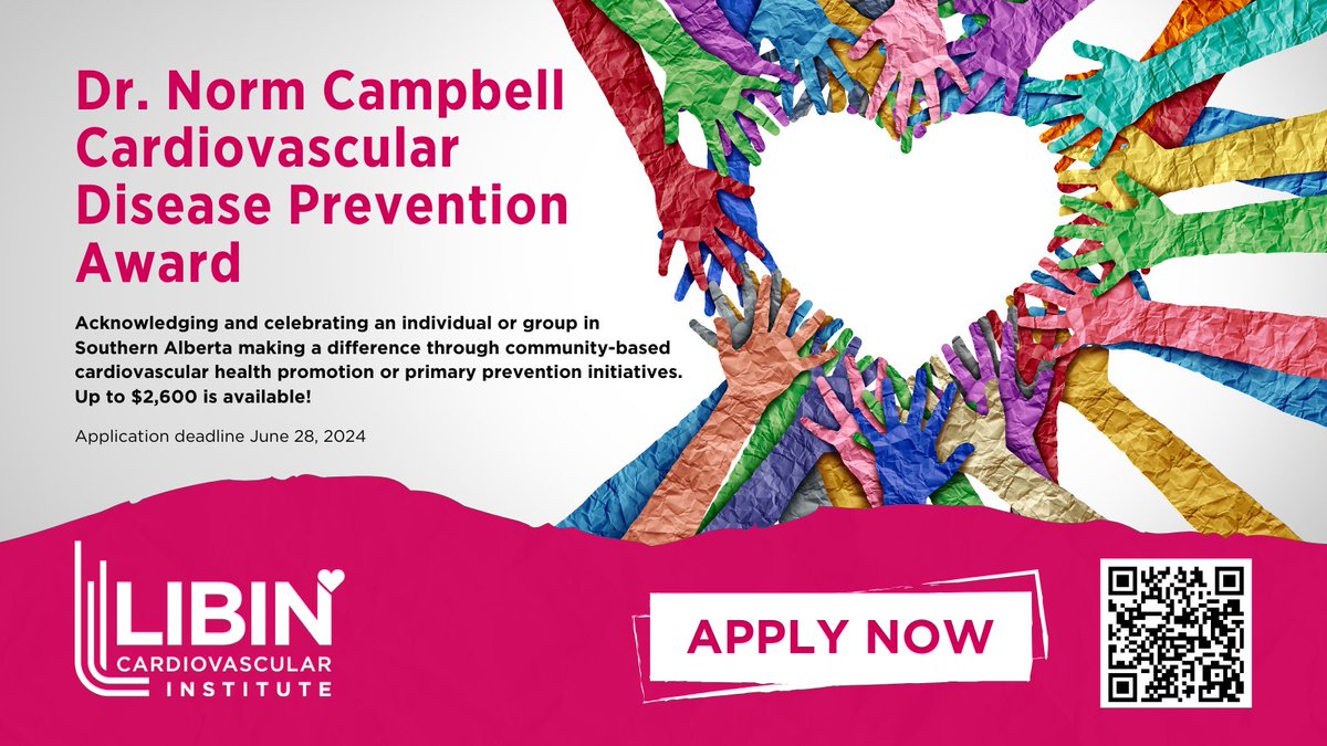 We're excited to launch the first Libin Institute Community Award! Apply for the Dr. Norm Campbell Cardiovascular Disease Prevention Award by June 28. Up to $2,600 for those making a difference in Southern Alberta's cardiovascular health. Apply at survey.ucalgary.ca/jfe/form/SV_43…