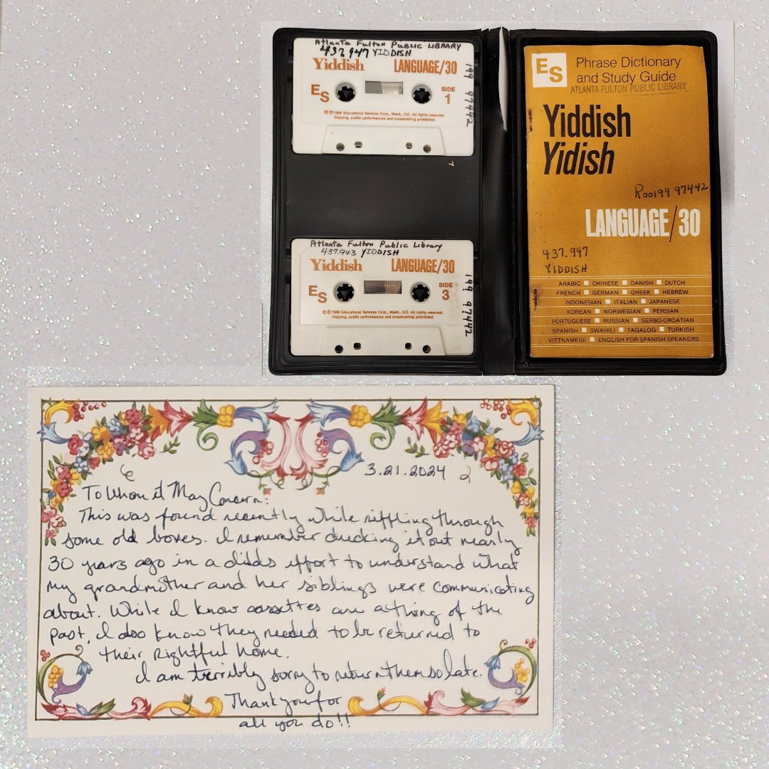 Sometimes our staff finds the most interesting things in our book return but this one takes the cake! It's a Yiddish language booklet and cassettes plus a note explaining that they were checked out 30 years ago! #FulcoLibrary #Bookdrop #returnedbooks #Northside #overdue