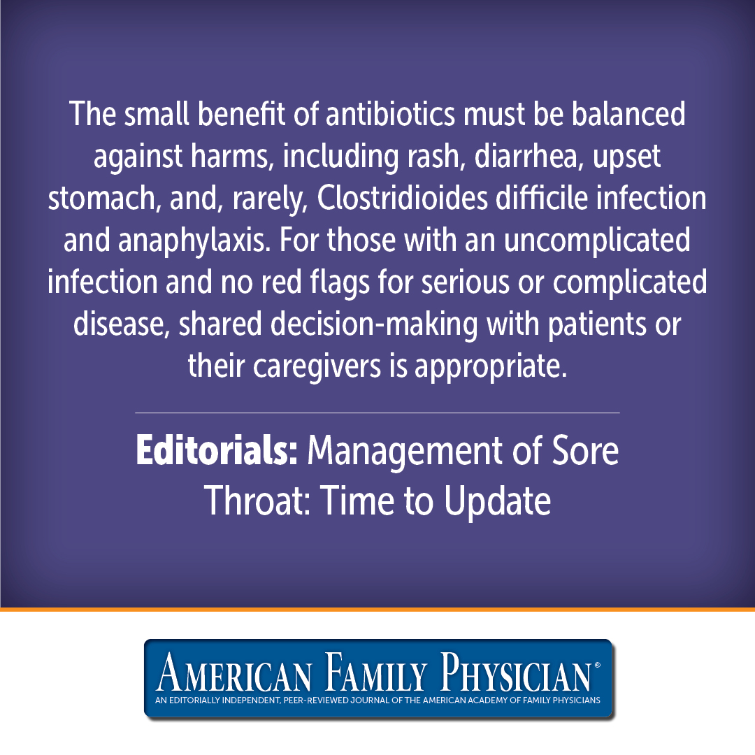 Sore throat is among the most common infections seen in primary care. bit.ly/4a5faeB #familymedicine #afpjournal #sorethroat