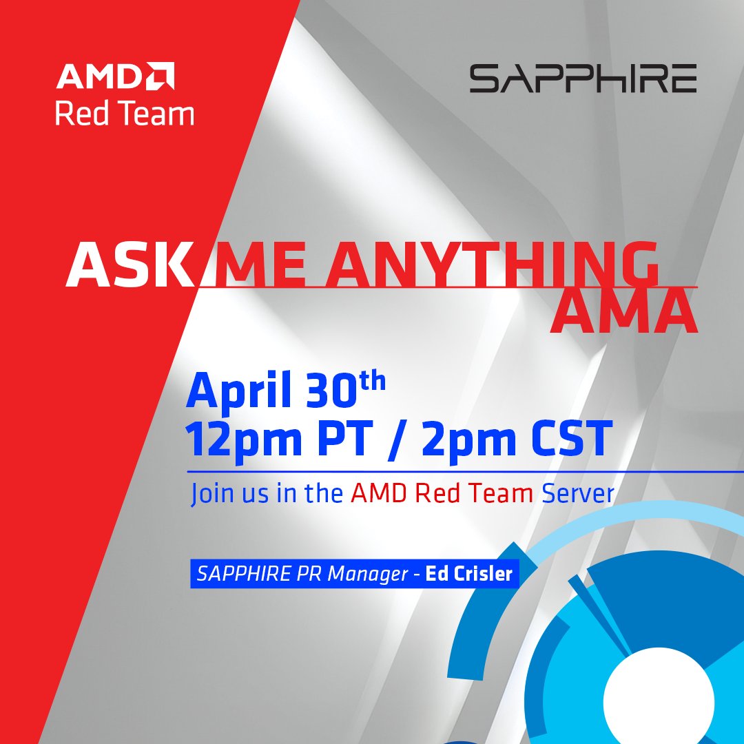 We're hosting another AMA in the Red Team Discord Server with @SapphireTech on April 30! We'll be chatting about some of their SAPPHIRE AMD Radeon GPUs and more! Tune in here: bit.ly/49CBD3h