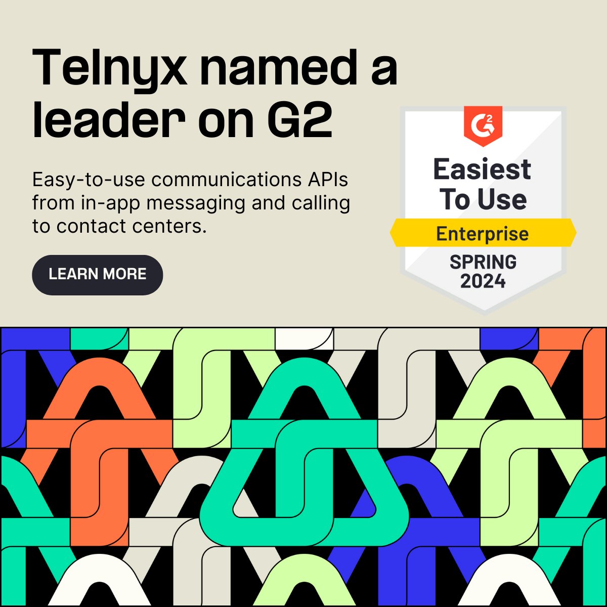 🏆 Telnyx is honored to be recognized once again as a G2 Spring 2024 Leader🏆 We're ranked the 'Easiest to Use,' which underscores our commitment to user-friendly services. Your success drives ours🤝 See how we stack up to the competition: telnyx.com/landing/g2-com…