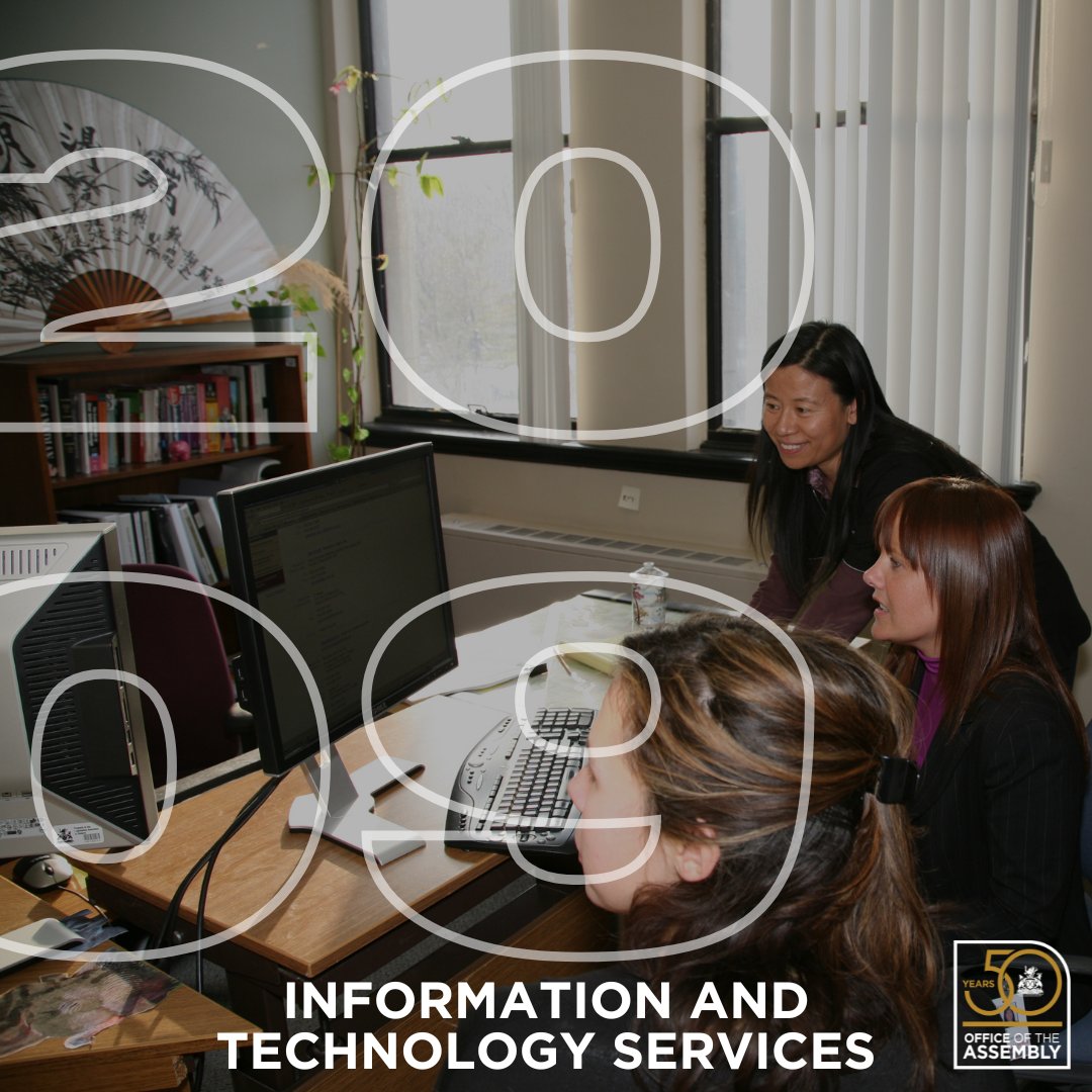 In 2009, Legislative Information Systems was combined with the Legislative Library, Legislative Research, Information Services, and the Information Management Office to create the Information and Technology Services Division (now known as the iDivision). #OA50Years