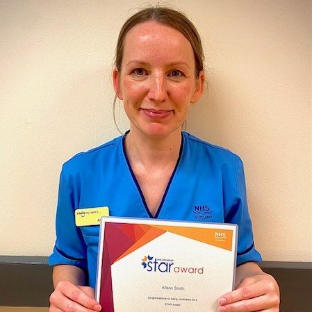 Well done to Alison Smith, SSN OPD, on her nomination for a STAR Award! Alison is always happy to help anyone whenever help is needed, she ensures everyone is looked after! @NHSGrampian #nhsgstarawards 👏⭐
