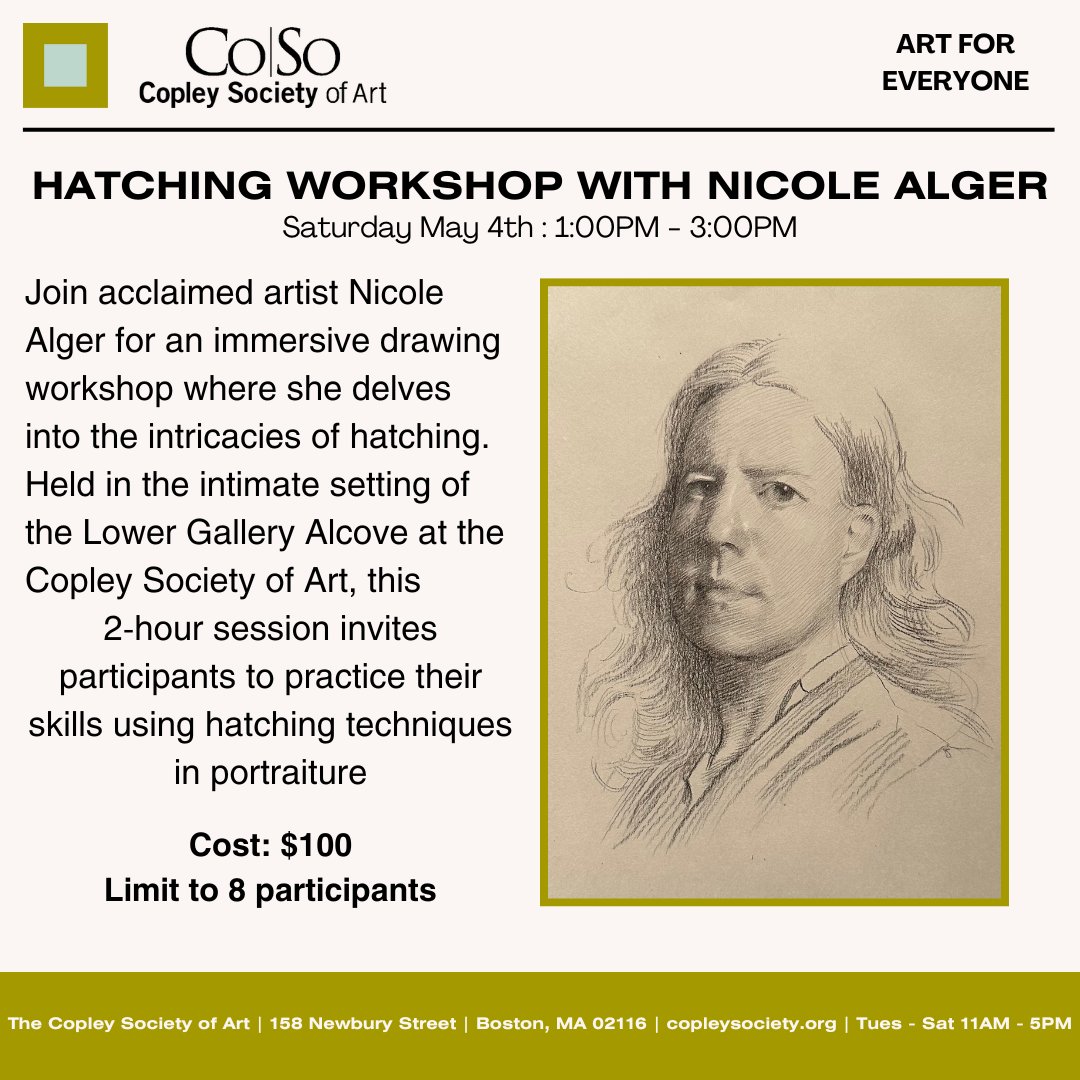 Co|So is thrilled to be hosting a hatching workshop from acclaimed artist member, Nicole Alger!

#artgallery #bostongallery #newburystreet #newburystreetgallery #copleysocietyofart #boston  #art #workshop #pencil #demo #portraiture #nicolealger #hatching #shading #learning