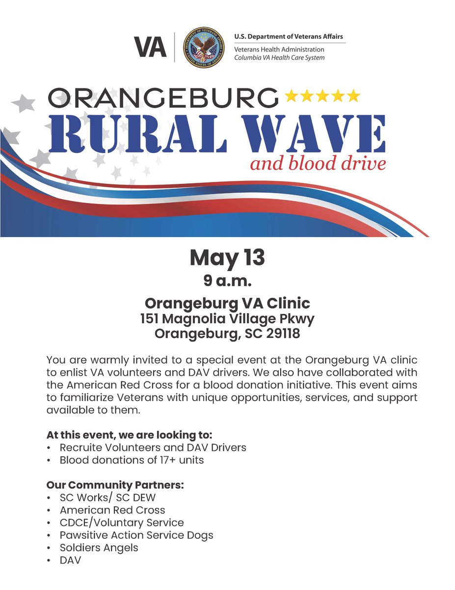 You’re invited to the Orangeburg VA Clinic for an upcoming event to help Veterans learn about services and support available to them. Save the date and review the flyer below for details.