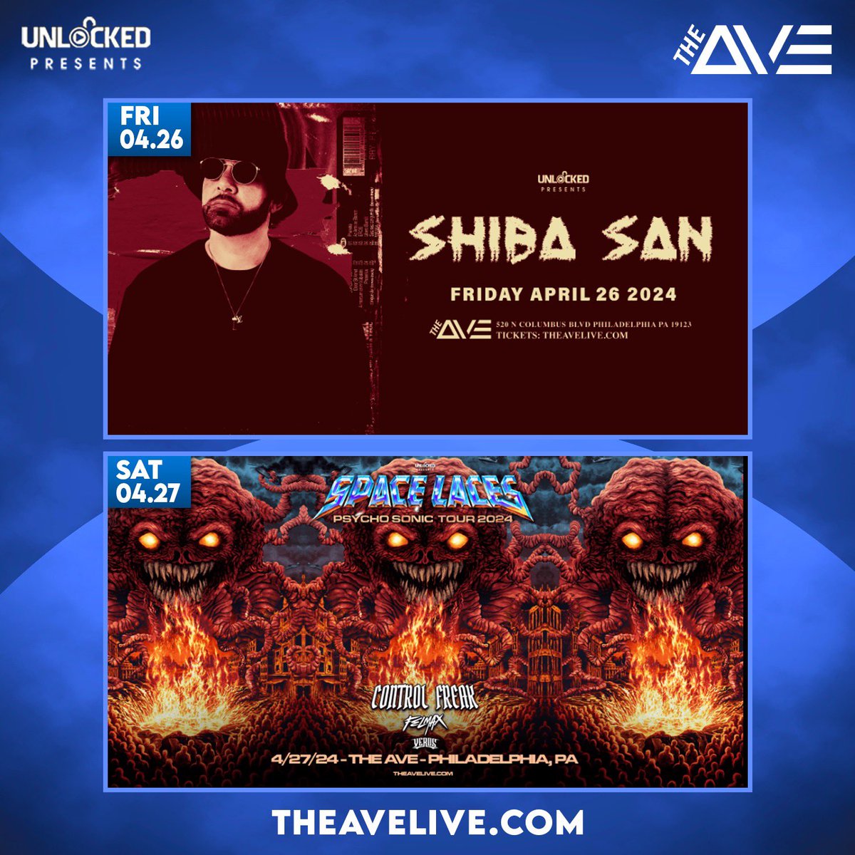 The weekend lineup is lookin 🔥 TONIGHT Shiba San will be throwing down a 4 Hour Extended Set starting at 10pm, and SATURDAY Space Laces will be joining us with support from Control Freak, Felmax and Veros - Don’t miss out on tickets and tables at TheAveLive.com