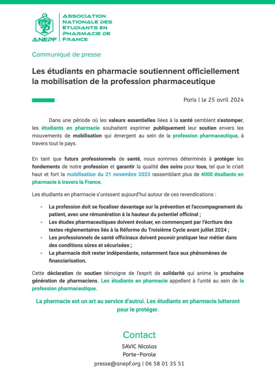 ANEPF Pharmacie (@pharma_anepf) on Twitter photo #CDP | Soutien des étudiants en pharmacie à la mobilisation de la profession pharmaceutique
Contact :
Nicolas Savic @NicolasS_ANEPF
presse@anepf.org - 06 58 01 35 51
⤵️⤵️ #CDP | Soutien des étudiants en pharmacie à la mobilisation de la profession pharmaceutique
Contact :
Nicolas Savic @NicolasS_ANEPF
presse@anepf.org - 06 58 01 35 51
⤵️⤵️