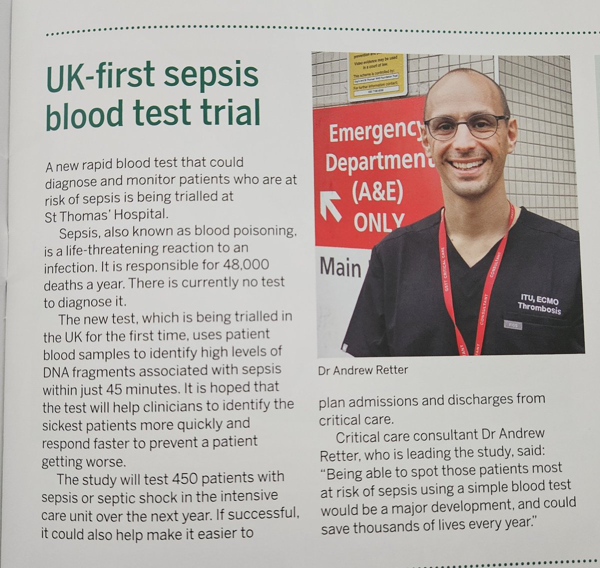 Newest edition of GiST has landed on my doorstep Great to read about the trial of a 45min diagnostic test for #Sepsis to be used in Critical Care at St Thomas' 48,000 people in the UK lose their lives to sepsis in the each year Hopefully this test will reduce that number!