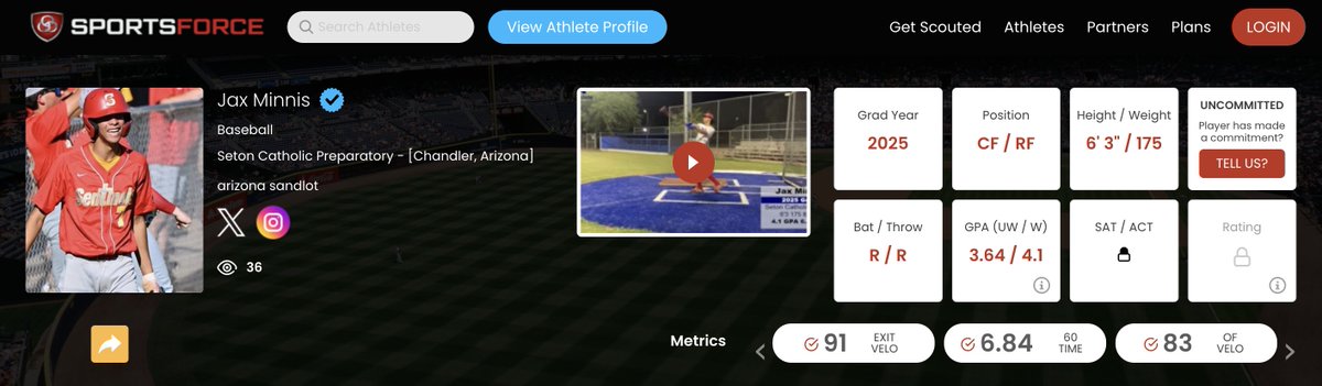 Uncommitted Player Spotlight! ⚾🌟 2025 Jax Minnis @JaxMinnis2025 CF/RF 6'3 175 R/R 3.6/4.1 GPA 📚 Arizona Sandlot @AZSandlot Seton Catholic Prep View Profile Below⬇️🔗 sportsforce.io/athlete/jax-mi…