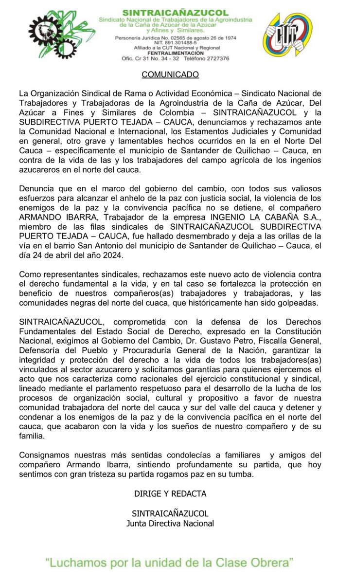 🚨 MinTrabajo rechaza el asesinato del líder sindical ARMANDO IBARRA, integrante de SINTRACAÑAIZUCOL. Instamos a la @FiscaliaCol a realizar las investigaciones que permitan identificar y sancionar a los responsables. Nos solidarizamos con la familia y la @cutcolombia. ¡Justicia!