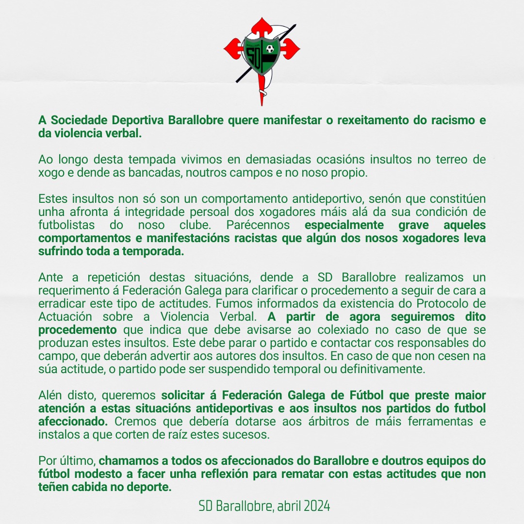 sdbarallobre's tweet image. A Sociedade Deportiva Barallobre quere manifestar o rexeitamento do racismo e da violencia verbal.