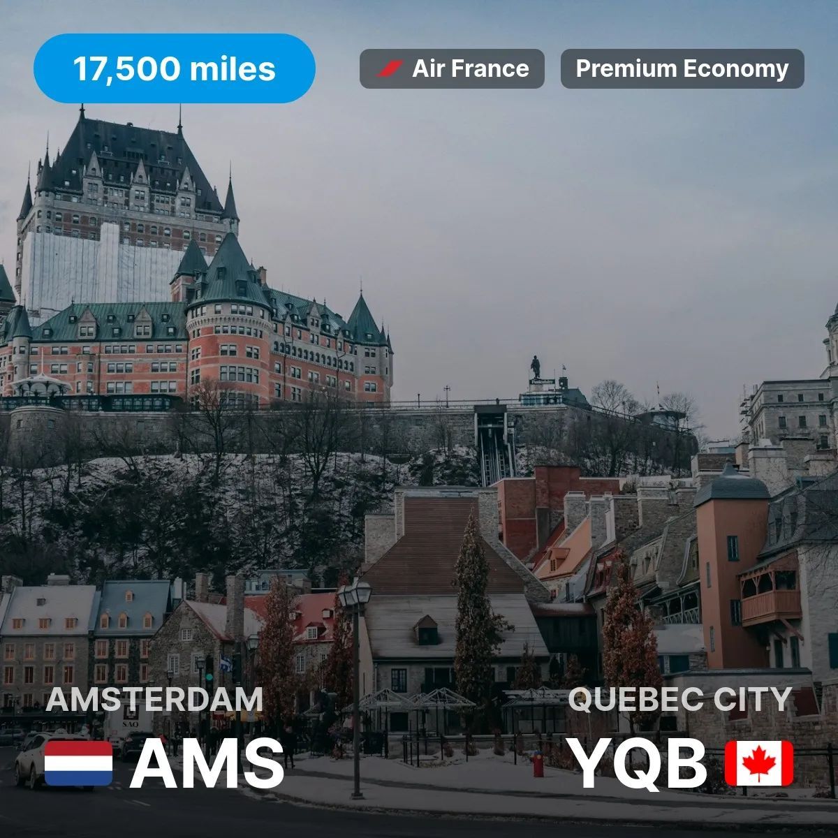 Amsterdam to Quebec City! 🇳🇱🇨🇦

Fly from Amsterdam (AMS) to Quebec City (YQB) in Premium Economy with #AirFrance.

rewards.flights/flights-from-a… #quebeccity #flyingblue #rewardflight