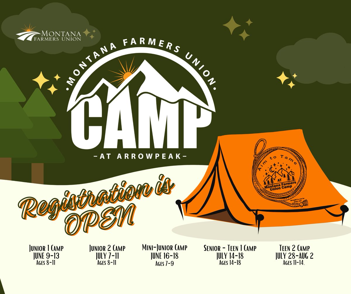 Camp Registration is OPEN! Here are the Dates for Camp 2024 up at Arrowpeak. Camp spots are limited so register today! Visit montanafarmersunion.com for more information!