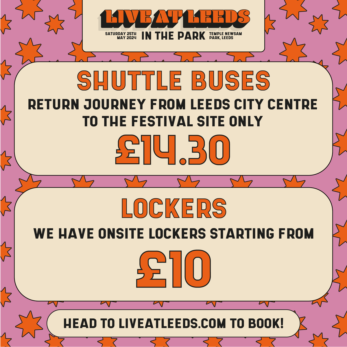Want to make your Live At Leeds In The Park 2024 experience easier? Secure your return travel from Leeds City Centre for just £14.30 🚌 Lockers are from £10, so you can store all your merch and more! Have you got yours yet? Head to liveatleeds.com to book now! 🥳