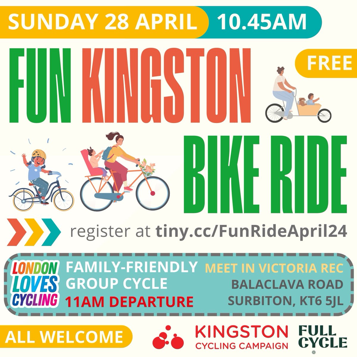 Get your bikes out this Sunday (28 April) for a fun group ride in Kingston 🚴
 
Meeting at Victoria Rec the route follows quieter roads & cycle tracks. All are welcome! 

Find out more & sign up: tiny.cc/FunRideApril
@KingstonCycling

#KingstonTogether