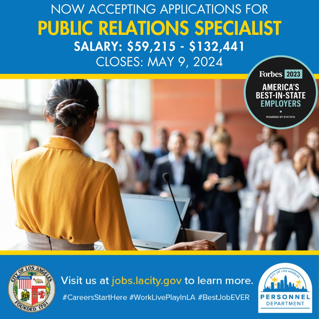 The City of LA is now accepting applications for Public Relations Specialist! Salary: $59,215 - $132,441 - Closes: May 9. governmentjobs.com/careers/lacity  #CareersStartHere #WorkLivePlayInLA #BestJobEVER
@PRSA @PRSSANational @instituteforpr @spj_tweets @CalSPRA @AWCConnects @NAHJ