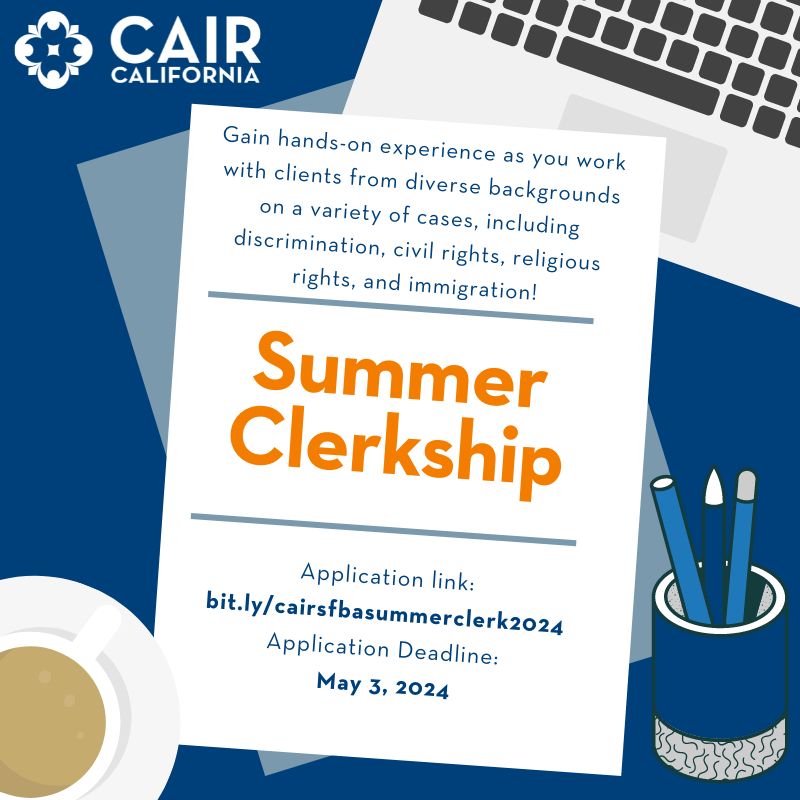 Join CAIR-SFBA's summer Law Clerkship program, where you'll gain hands-on experience as you work with clients from diverse backgrounds on a variety of cases, including discrimination, civil rights, religious rights, & immigration. Apply by May 3 ➡️ bit.ly/cairsfbasummer…