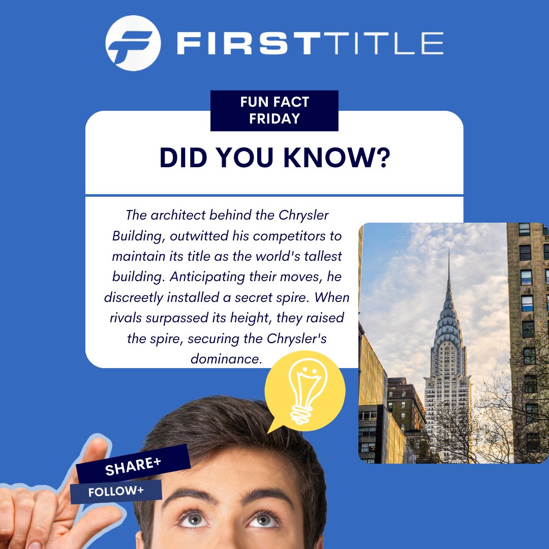 Did you know? Architect William Van Alen cleverly secured the Chrysler Building's status as the world's tallest by installing a secret spire. When competitors built taller structures, he revealed the spire, reclaiming the title.

#TitleCompany #FirstTitle #RealEstate #Mortgage