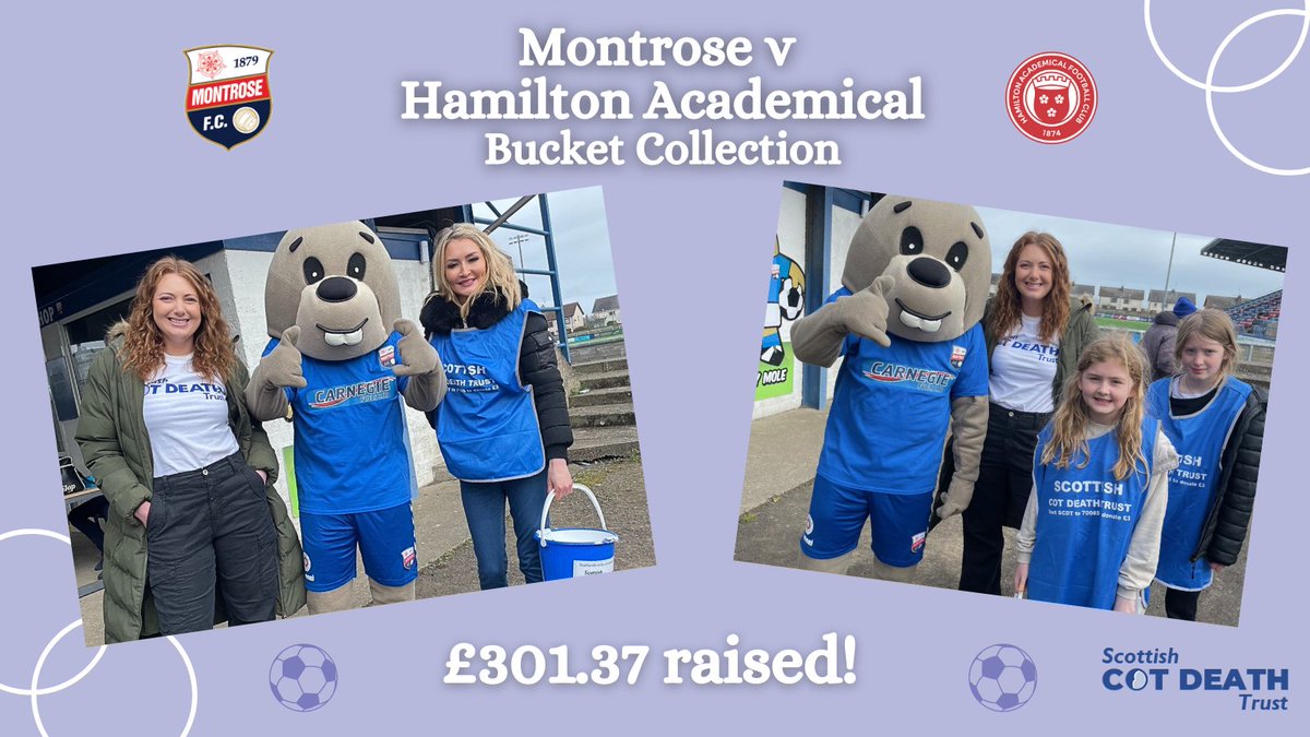 A massive thank you to @MontroseFC , for allowing us to do a bucket collection last weekend at the Montrose v Hamilton Academical game. An amazing £301.37 was collected! Thank you so much for everyone's generosity and support. fundraising@scottishcotdeathtrust.org