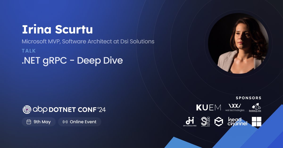 🗣️Join the #talk on '.NET #gRPC - deep dive' with Irina @irina_scurtu at #abpconf24! 💜 Discover how to streamline service communication, configure client-side load balancing, and more for scalable, high-performance web systems. #dotnet #development abp.io/conference/2024