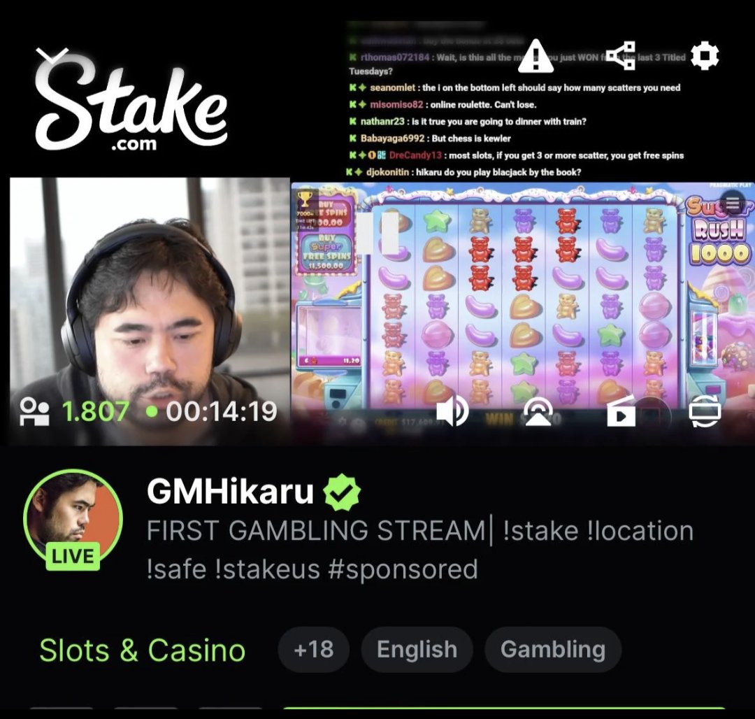 Man, this is depressing. One of my favourite content creators, @GMHikaru, now hawking gambling streams...  Not just any gambling, but games that are quite clearly aimed at younger people. 

Depressing. 

#GambleAware