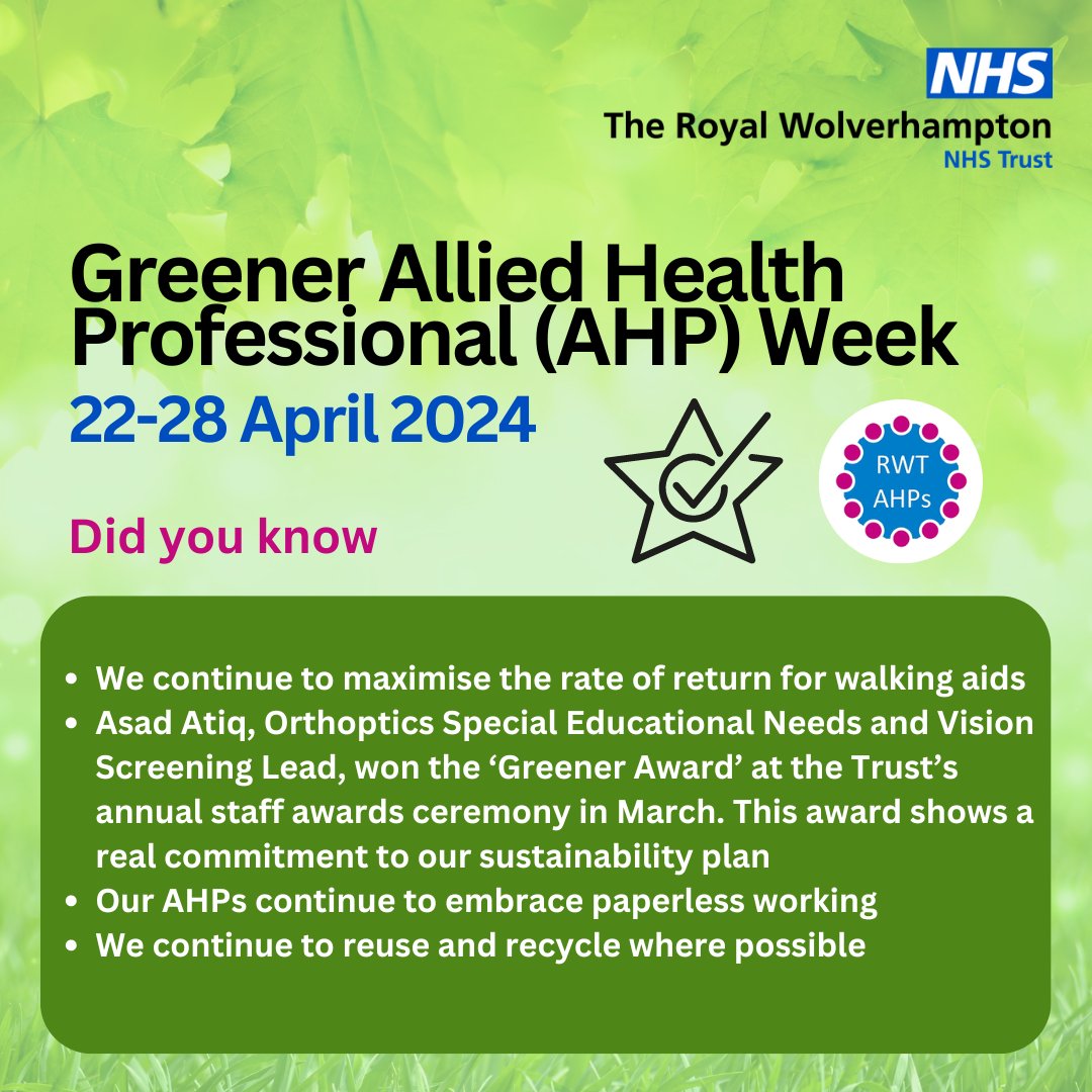 Our Allied Health Professionals (AHPs) make a difference, each and every day. 👏 See their recent efforts to protect the planet below! 👇♻️🌍 The AHP Sustainability Network is a place to exchange ideas, and RWT staff can register via: bit.ly/AHPSustainabil… ⬅️ #GreenerAHPWeek