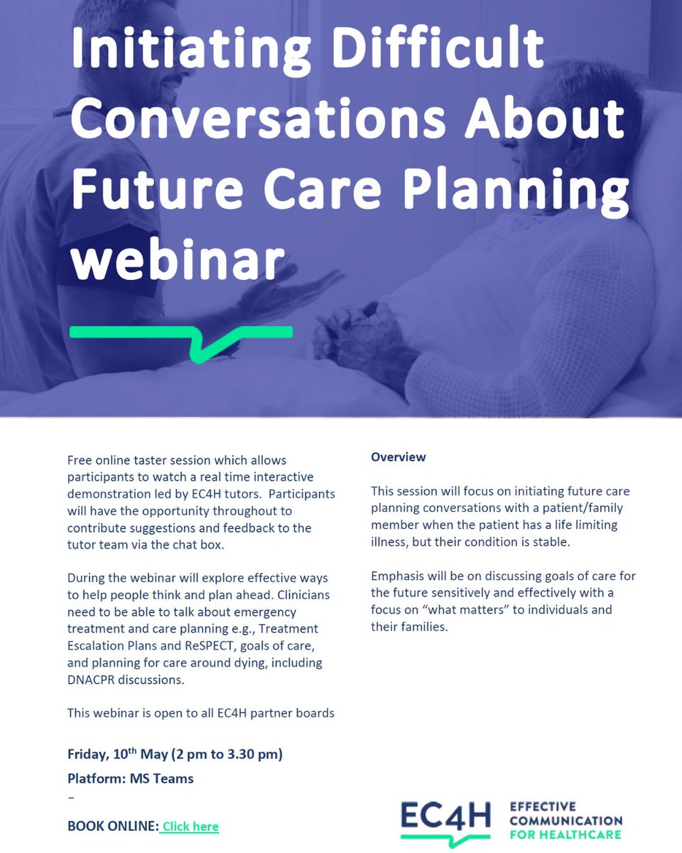 To celebrate the UK's first National Advance Care Plan Day we are running a free webinar focusing on initiating difficult conversations about Future Care Planning. 
We hope to see you there😊
Open to all health boards
#ACPDay2024 #whatmatters
To apply⬇️
ec4h.org.uk/workshop/initi…