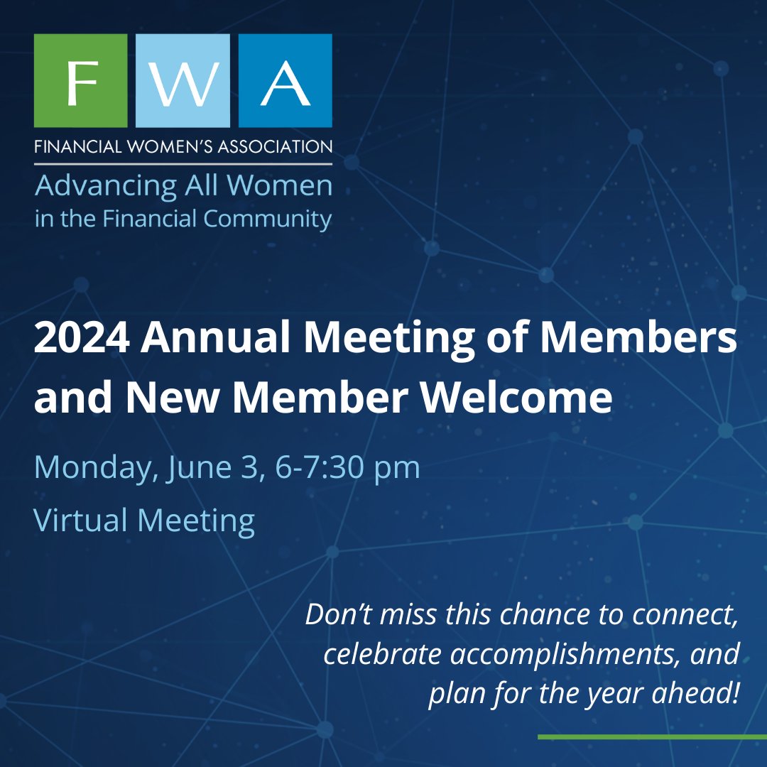 FWA Members Join us June 3rd for the FWA's Annual Meeting! Connect, learn, and celebrate the FWA and Annette Stewart's leadership. Register now: bit.ly/4aCdZEi  #FWAAnnualMeeting #FWAMembers #AdvancingWomen #WomeninFinance #WomeninBanking #NetworkingOpportunities