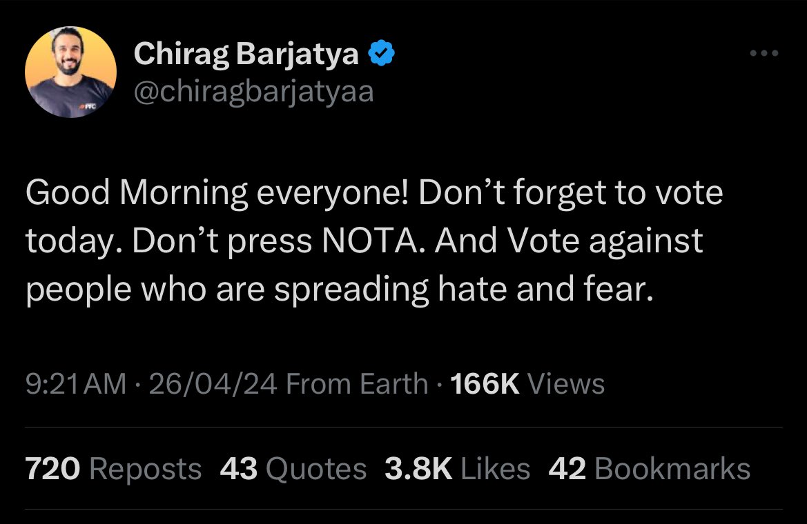 This is a normal tweet, a twitter user is asking his followers to vote against people who are spreading hate and fear. No name of any party & leader is mentioned. But BJP bhakts and RW are triggered over this and saying this tweet is targeted haras$ment against Modi and BJP.…