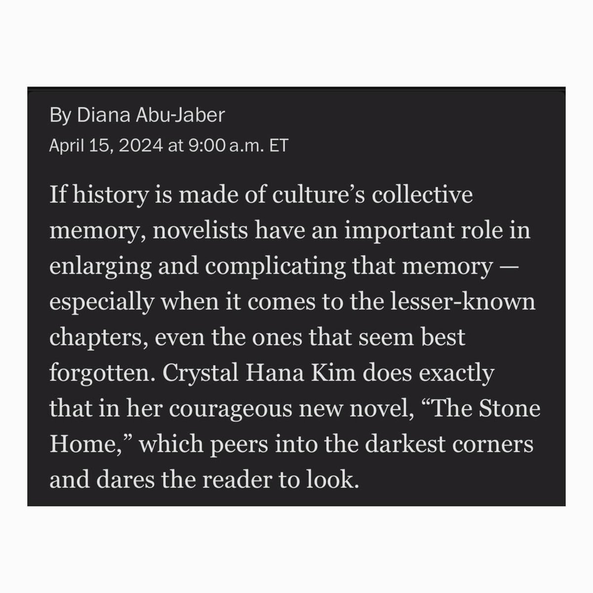 On my way to DC and thinking about my dream review in @washingtonpost. “If history is made of culture’s collective memory, novelists have an important role in enlarging and complicating that memory — especially when it comes to the lesser-known chapters, even the ones that seem