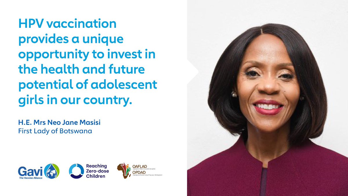 “Through deep integration with other primary healthcare opportunities, school health and nutrition it is possible to optimise the overall HPV vaccination program.” H.E. Mrs Neo Jane Masisi, First Lady of Botswana @njmasisi #VaccinsWork #HumanlyPossible @GAVI @WHOAFRO…