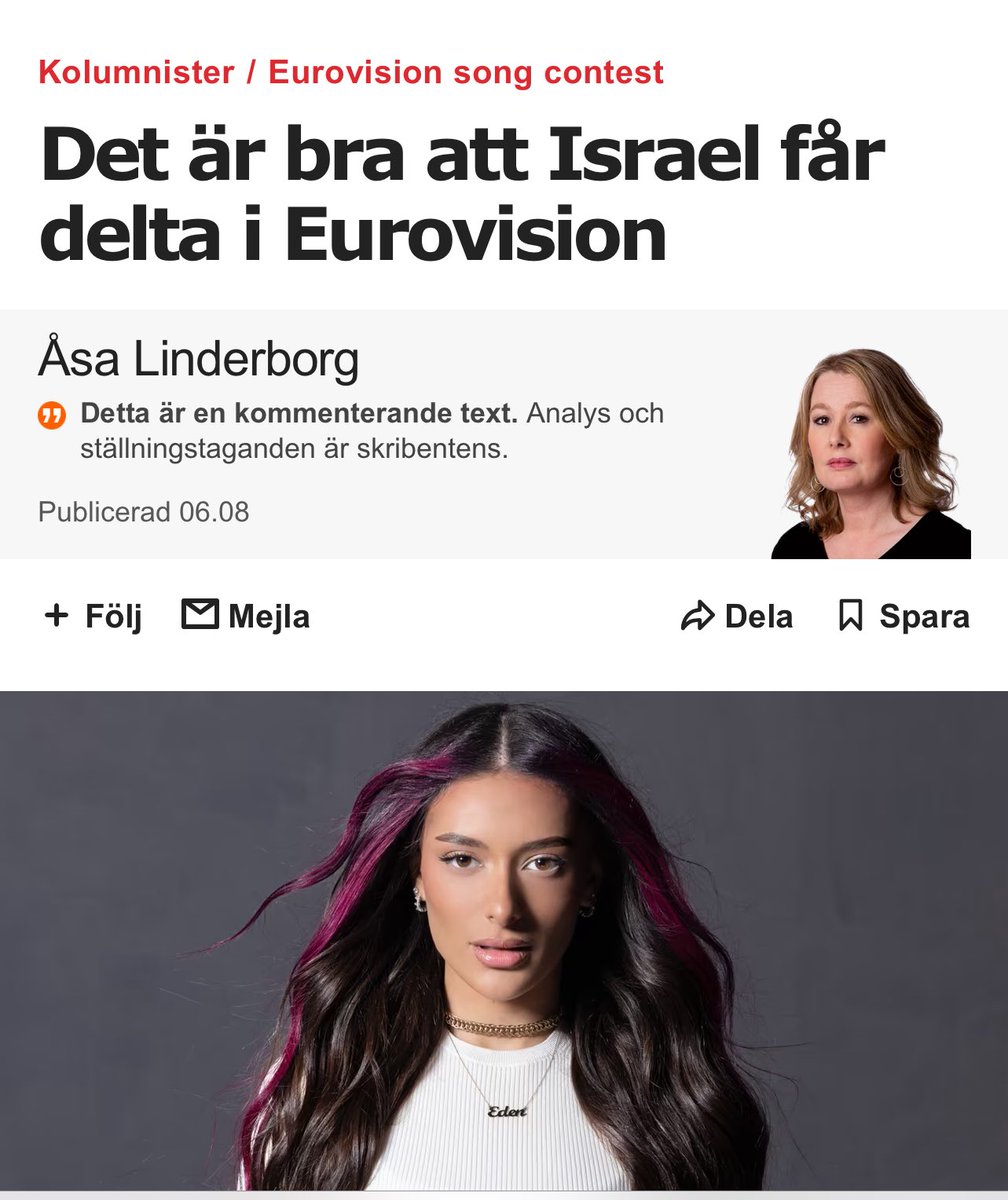 Tänkte först såhär, ”jaha en ur Aftonbladet tycker det är bra att Israel får delta i Eurovision, det är ju roligt”. 

Men sen var ju inte fallet. Åsa Linderborg på Aftonbladet skrev istället en fullständigt vidrig kolumn om Israel som är fylld med innehåll man nästan kan betrakta…
