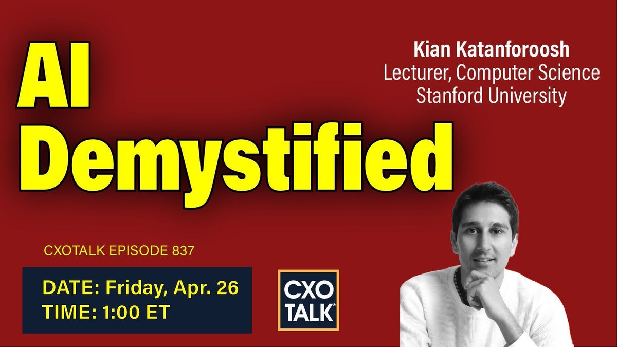 We're gearing up for 1 pm ET /10 am PT Fri. 26 April 2024 AI Workforce Transformation Join #CXOTalk guest @KianKatan, lecturer @Stanford, and CEO @Workera_ cxotalk.com/episode/demyst… What types of work will #AI be least useful? #COO #CHRO #SkillsDevelopment #WorkforceDevelopment