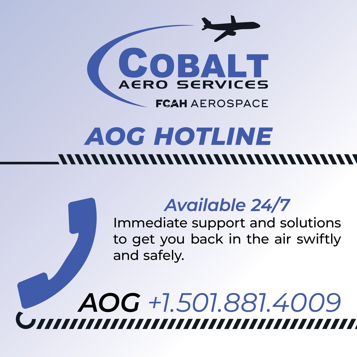 From urgent repairs to critical parts procurement, count on #CobaltAeroServices to keep you flying. Our dedicated #AOG Hotline is available 24/7, ready to provide immediate support and solutions to get you back in the air swiftly and safely.

#FCAHAerospace  #AircraftMaintenance