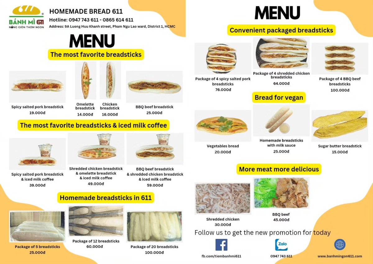 Menu: Bread 611, a delicious breakfast for you.
Fast delivery.
📞 0865 614 611 - 0947 743 611
🏠 9A Luong Huu Khanh street, Pham Ngu Lao ward, District 1, Ho Chi Minh City, Viet Nam.
#banhmi611 #banhmivietnam #banhmi #diadiemanuong #district1