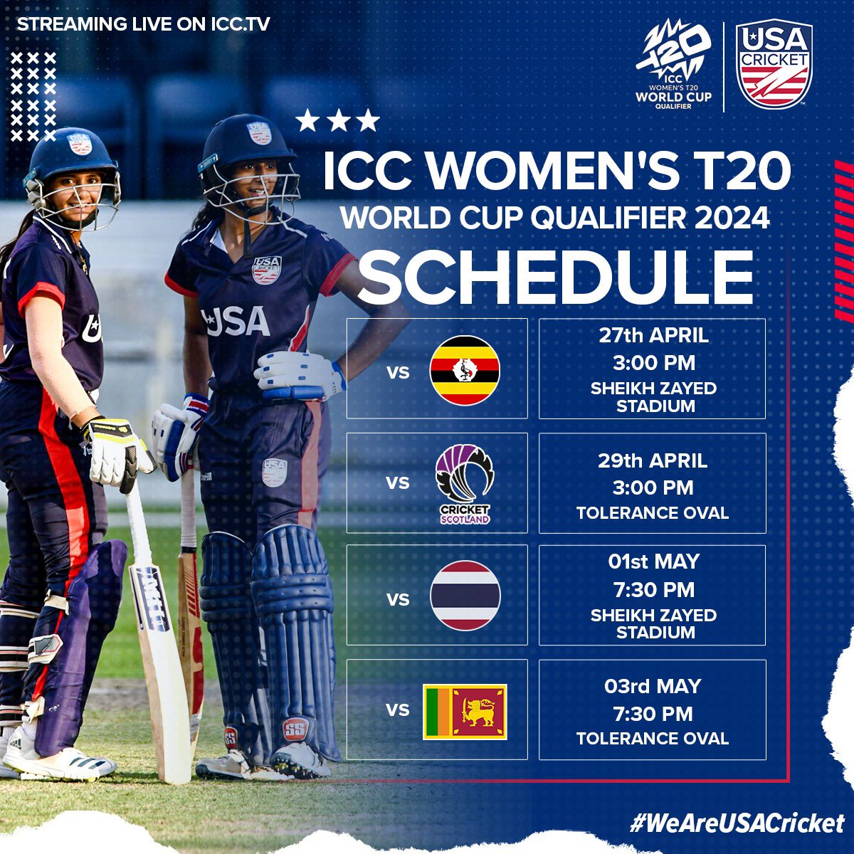 USA’s @ICC Women’s #T20WorldCup Qualifier campaign begins April 27th against Uganda! 🏏

🗓️ Apr 27- May 3rd
4️⃣ Matches
📍Abu Dhabi
📺 ICC.tv 

#WeAreUSACricket 🇺🇸