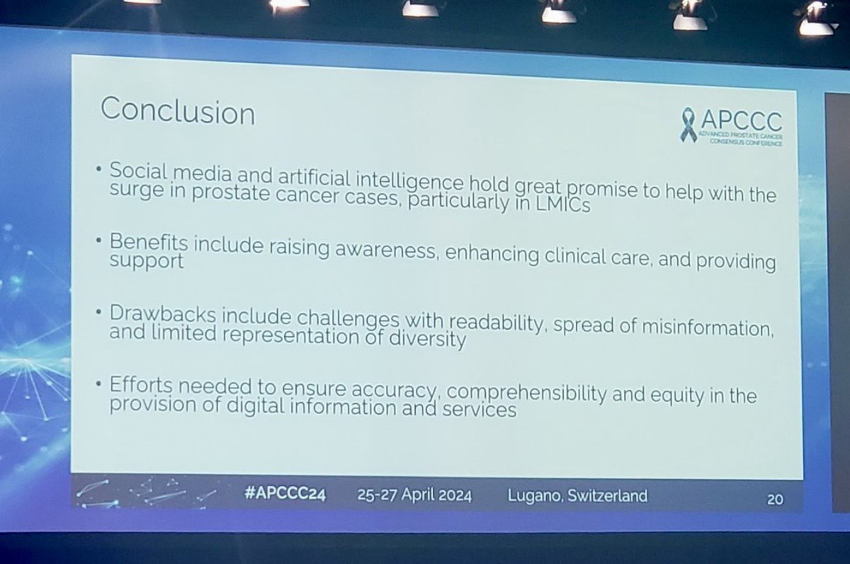 At #APCCC24, @LoebStacy highlights the transformative role of AI and social media in global prostate cancer care—promising for LMICs, cost-effective, and beneficial clinically, yet emphasizing the need for accurate, equitable information. #GlobalHealth 🌍💡 #APCCC24 @APCCC_Lugano…