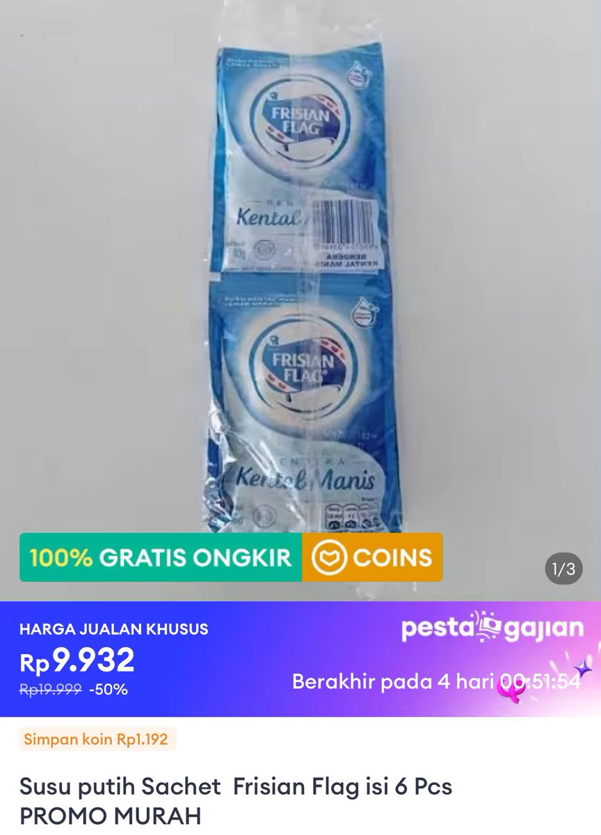 Motong koin 43% Frisian Flag Saset isi 6pcs (bisa combo kebut) •• Putih s.lazada.co.id/s.qpHN9?cc •• Cokelat s.lazada.co.id/s.qpHnN?cc Kopi 1 Renceng (tidak bisa combo kebut) •• Kapal Api Spesial Mix s.lazada.co.id/s.qpHob?cc •• Good Day Mocacino s.lazada.co.id/s.qpHLr?cc…