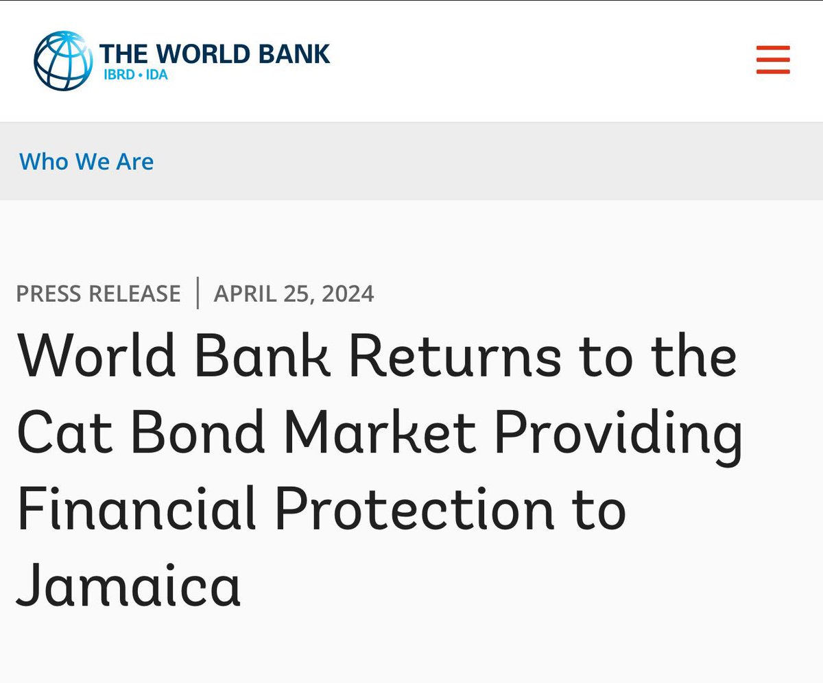 #CatBondUpdate #Thread I am pleased to provide the update that Jamaica has sponsored its second consecutive catastrophe bond, with the much appreciated assistance and support of the World Bank. This cat bond will provide fiscal resources for emergency expenditures that arise