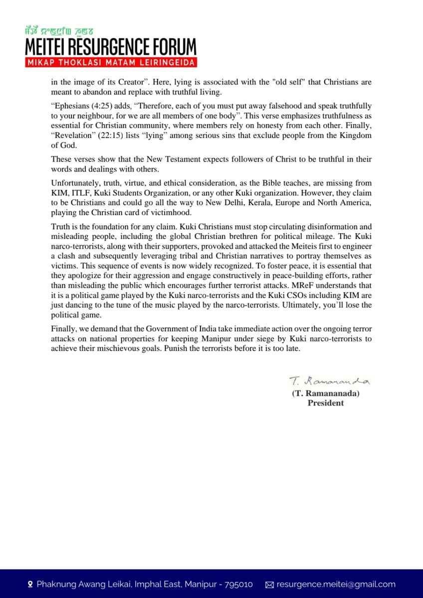 The misguided actions of the KIM have resulted in confusion within the #Christian community. Despite the moral guidance provided by the #HolyBible on truthfulness, certain orchestrated incidents by the #Kuki appear to be intended to smear the reputation of #Christianity.