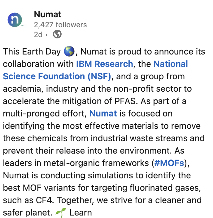 Been funding deep tech @numattech for years. Cool to see them ink a partnership to remove toxic PFAS 'forever chemicals' from industrial waste and prevent them from being released in the environment. Don't Die using precision chemistry (Metal Organic Frameworks MOFs).