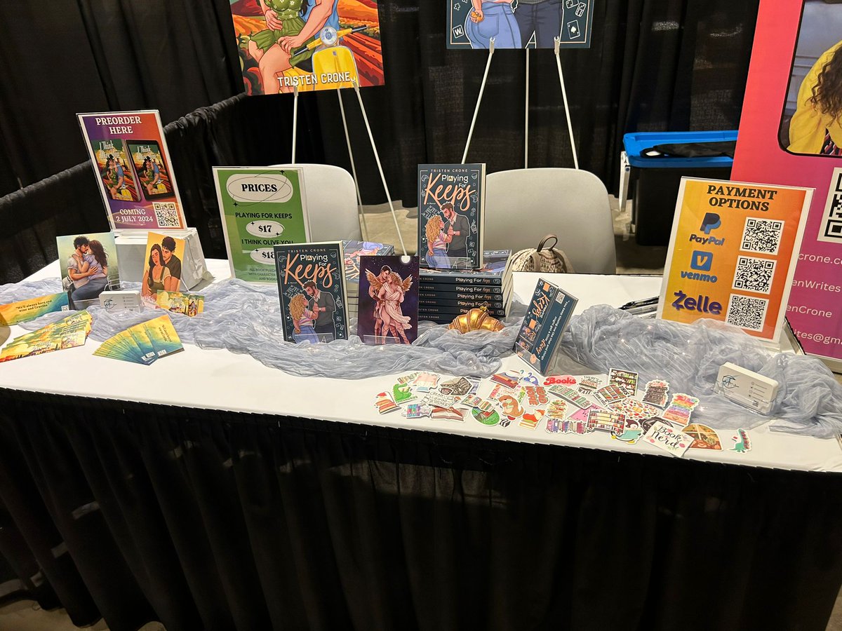 TristenWrites's tweet photo. All set up and ready for this afternoon's signing!
If you're at @apollycon come say hi. I am at booth 1428 in Prince George Exhibit Hall A
#apollycon #apollycon2024 #bookcon #bookconvention #playingforkeeps #ithinkoliveyou #romancebooks #romanceauthor https://t.co/m1UAAaEV2o