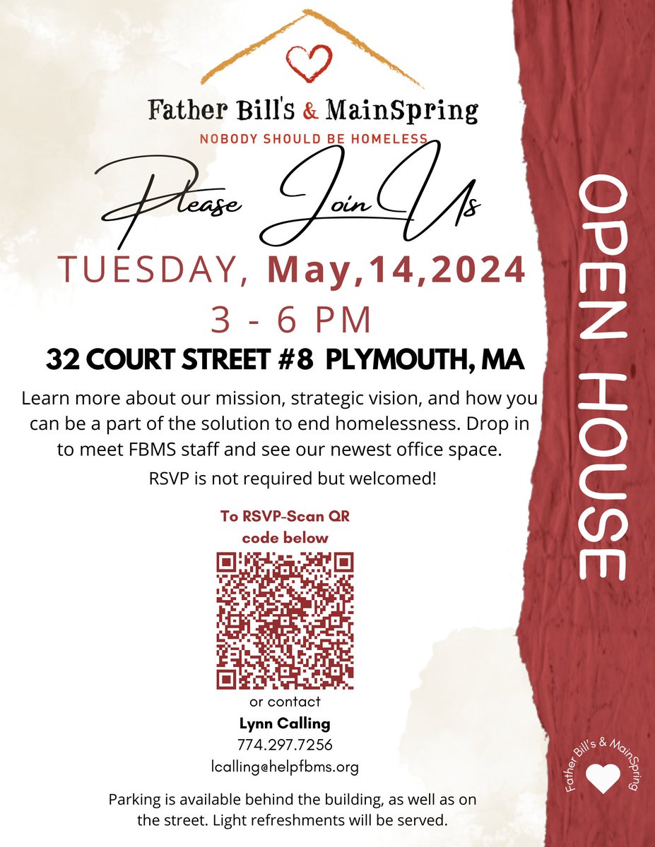 The public is welcome to attend an Open House in our new Plymouth offices at 32 Court Street # 8, Plymouth, MA, on May 14. This is a great opportunity to learn more about FBMS, our strategic vision, & ways you can join this bold mission to end homelessness.#NobodyShouldBeHomeless