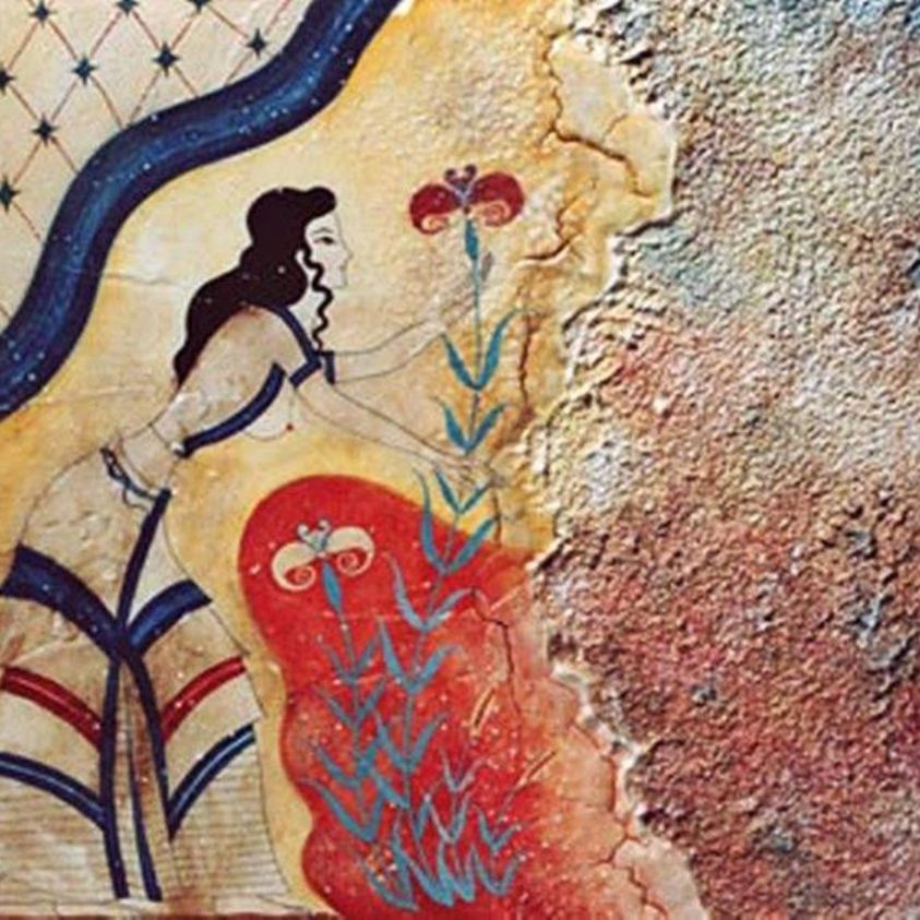 Detalle del mural de las recolectoras de azafrán. Casa de las mujeres, Akrotiri, Santorini. 1500 a C.#cultura #Minoica