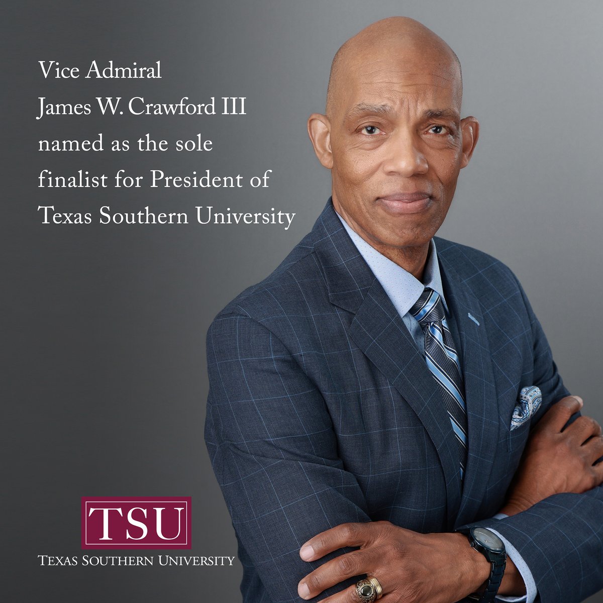 On April 25, the Texas Southern University Board of Regents named Vice Admiral James. W. Crawford III as the sole finalist for President. Read more about the selection here: tsu.edu/news/2024/04/j… #TSUProud #TexasSouthern #TSU